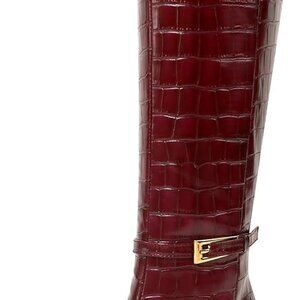 Women Knee High Boots Faux Leather 3.3in Stiletto Heel Buckle Pointed Toe